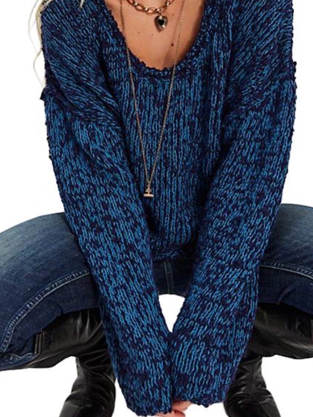 Free People Blue Marled V-Neck Sweater FireFly Chunky L/XL